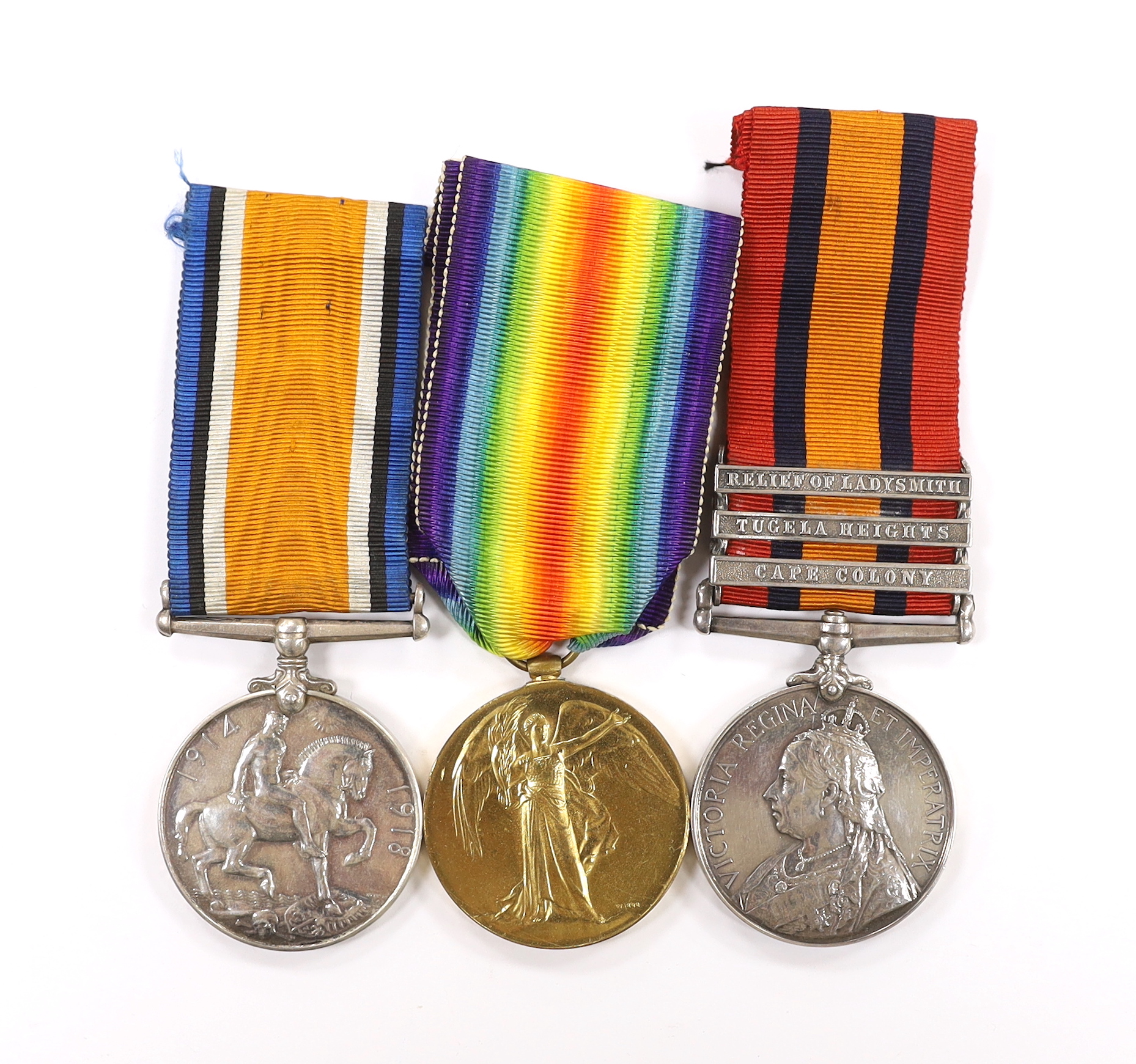 A Boer War medal group to Pte. G. Wickham Rifle Brigade, comprising; the Queen’s South Africa medal with three bars; Relief of Ladysmith, Tugela Heights and Cape Colony, together with the First World War pair comprising